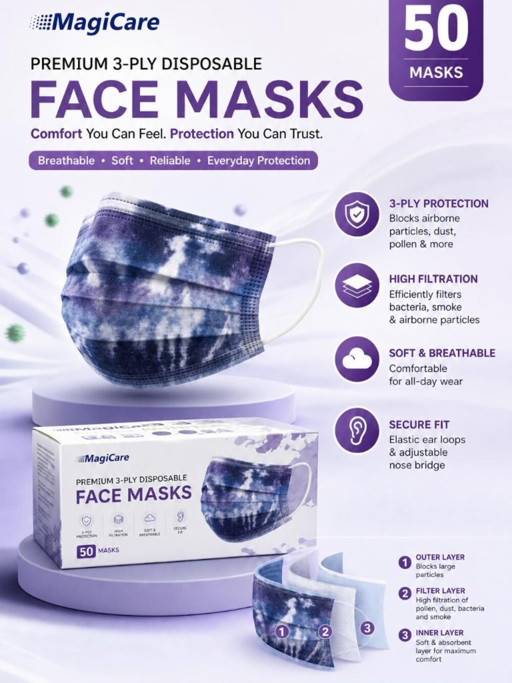 50 - Purple Tie Dye Premium 3-Ply Disposable, Comfortable, Breathable Face Masks